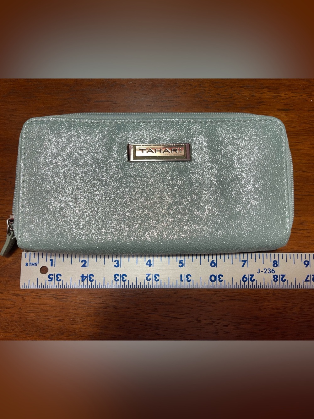 Tahari Sparkle Zip Wallet in Mint Green with Silver Accents